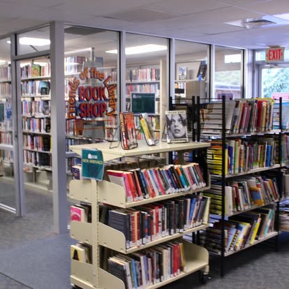A photo showing a spread of shelves in CCJPL's Friends of the Library book shop